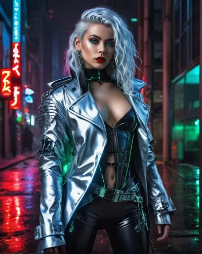 domino,birds of prey-night,rexha,femme fatale,taya,cyberpunk,cyberpunks,sindel,cyberangels,cyberdog,scarlett,petrova,alexa,shadowrun,leather jacket,pleather,askani,harley,retro woman,leatherette,Illustration,Paper based,Paper Based 22