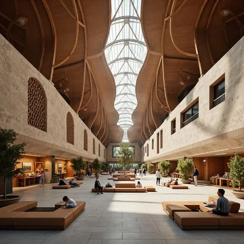 Vibrant cultural center, dynamic curved lines, grand atrium, high ceilings, natural light-filled spaces, wooden accents, earthy tones, textured stone walls, intricate Islamic patterns, minimalist deco