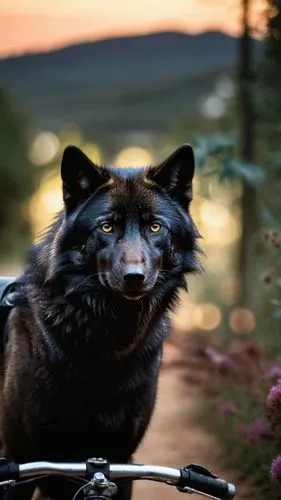 a sleek black wolf with a fur rolled down his back and a black eye patch on his chest revs up the engine and revs the engine on a sleek black bike. The bike is parked on a dirt road, surrounded by tal