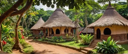 African village, communal building, mud huts, thatched roofs, vibrant colorful textiles, wooden carvings, intricate patterns, warm natural lighting, earthy tones, communal courtyard, lush greenery, tr