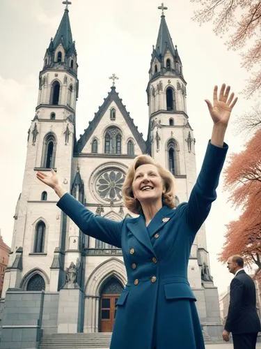 Eva Braun beaming with joy and in an encouraging pose, her right hand outstretched in greeting, in front of the Kaiser Wilhelm Memorial Church in Berlin.,a woman is standing in front of the cathedral,