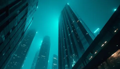 Dark cyan color, futuristic architecture, sleek lines, neon lights, urban cityscape, night scene, skyscraper, metallic materials, reflective glass, angular shapes, modern design, abstract patterns, LE