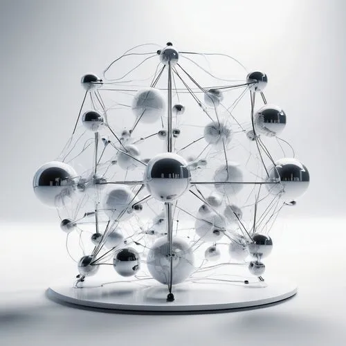 Ab initio architecture diagram, futuristic, modern, sleek, minimalist, white background, 3D visualization, nodes connected by lines, spheres representing atoms, molecular structures, quantum mechanics