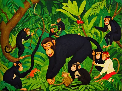 primates,monkey family,siamang,monkey island,tropical animals,forest animals,monkeys band,great apes,animals hunting,monkeys,jungle,the law of the jungle,hunting scene,monkey gang,tarzan,sri lanka,belize zoo,barbary monkey,green animals,gibbon 5,Art,Classical Oil Painting,Classical Oil Painting 27