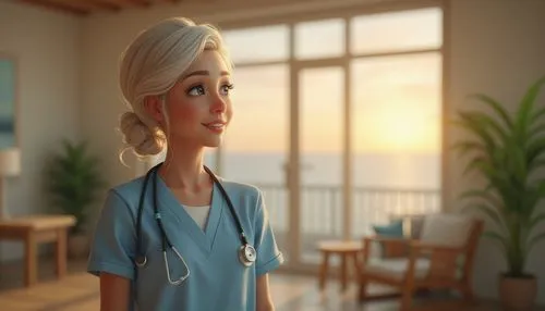 Coastal memorial center, serene ocean view, sunset time, gentle sea breeze, peaceful atmosphere, mature lady, nurse uniform, stethoscope around neck, comforting smile, soft spoken words, calming music