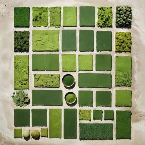 Experiment with organic alternatives to traditional concrete, such as "algaecrete" made from algae and food waste.
Use these materials for paving, flooring, and outdoor structures,algae,block of grass