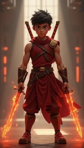 Full-body character design of a young Mediterranean man with a muscular build, short dark hair, and intense eyes. Wears a high-tech combat suit in deep red and bronze. Dual flaming short swords are sh