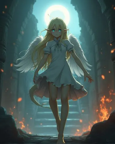 a girl dressed in a fairy tale with long blonde hair walking on the sidewalk,lillie,shinobu,katsuragi,senko,vestal,cagliostro