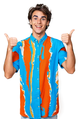 YouTuber, male, young adult, energetic, enthusiastic, funny expression, messy brown hair, thick eyebrows, bright blue shirt, white background, gesturing hands, thumbs up, smiling, close-up shot, shall