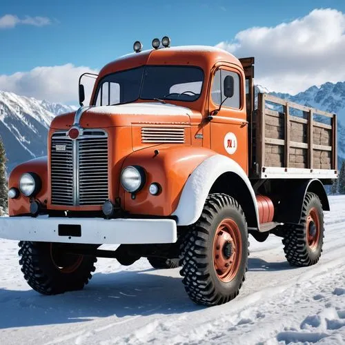 A 1950s futurist truck for rough terrain and snow,an old truck driving in the snow with mountains behind,snowplow,ford truck,bannack international truck,snow plow,rust truck,ford 69364 w,scammell,truc