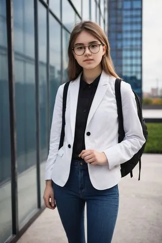 internship, architecture student, young adult, (20yo), glasses, neat hair, casual wear, blue denim jeans, white shirt, black blazer, backpack, holding model, standing, modern building, cityscape, urba