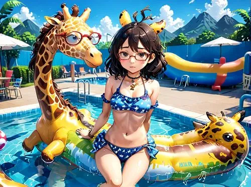 giraffa,kawaii people swimming,two giraffes,giraffes,summer background,giraffe,Anime,Anime,Traditional