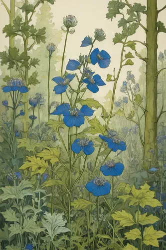 illustration of the flowers,blue flowers,kate greenaway,flower painting,himilayan blue poppy,blue petals,flower illustration,carol colman,nettles are full of flowers,blue daisies,flowers of the field,flowering plants,cosmos caudatus,garden cosmos,botanical print,tansy phacelia,brook avens,cloves schwindl inge,coral bells,blue butterflies,Illustration,Retro,Retro 23