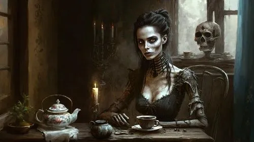 woman drinking coffee,woman at cafe,gothic woman,gothic portrait,candlemaker,cupbearer