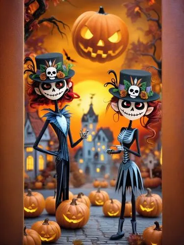 HALLOWEEN,two jack and mary jack halloween dolls on display,halloween frame,halloween background,halloween poster,halloween wallpaper,kirdyapkin,pumpkin heads,Photography,General,Fantasy