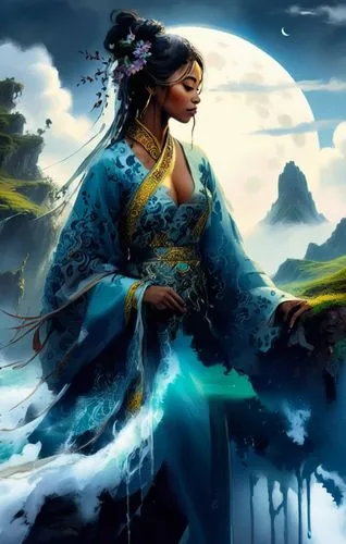 an oriental girl with flowing hair and dress on,oshun,baoshun,fantasy picture,amphitrite,fantasy art,blue enchantress,Illustration,Realistic Fantasy,Realistic Fantasy 25