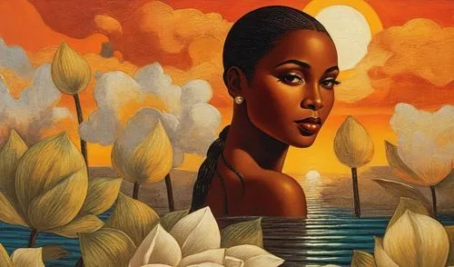 oshun,african woman,azilah,ibibio,magnolia,african art,odetta,african american woman,oil painting on canvas,ivorian,sarafina,onyali,baoshun,kelefa,magnolias,oil on canvas,maria bayo,ledisi,girl on the river,ikpe,Illustration,Realistic Fantasy,Realistic Fantasy 21