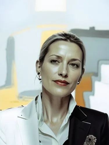 A nice woman.,a woman with a white jacket and an intricate brooch,sarikaya,whigfield,biljana,weidel,tymoshenko,sobchak,Illustration,American Style,American Style 14