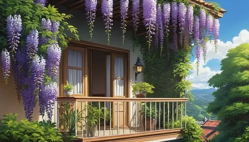 wisteria,wisteria shelf,balcony garden,balcony,paris balcony,rapunzel,hanging basket,violet evergarden,roof landscape,balconies,beautiful home,flower box,bedroom window,home landscape,window sill,block balcony,morning glories,climbing garden,summer cottage,flower shop,Photography,General,Realistic