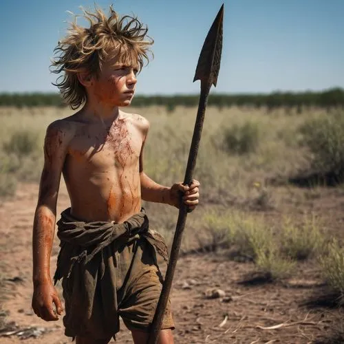 Shirtless sunburn barefoot filthy dirty angry young boy in the wild holding a spear with messy hair covered in sweat dirt and scars in bright sunshine in blazing heatwave sneaking around hunting in th