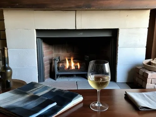 a glass of wine sitting in front of an open fire place,martinborough,hygge,tulbagh,waipara,franschhoek,wineland