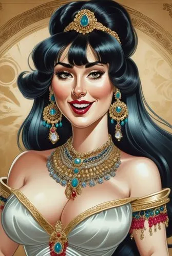 beautiful ancient caucasian noble woman with bangs and long black hair with expensive jewelry,cleopatra,jasmine,radha,persian,sari,ancient egyptian girl,jaya,arabian,aladha,tantra,sultana,assyrian,khe