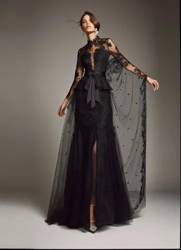 the black evening gown is very long,a floor-length dress,vionnet,galliano,tahiliani,vinoodh,demarchelier,Illustration,Realistic Fantasy,Realistic Fantasy 10