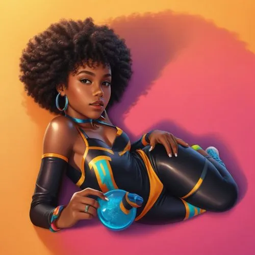 a black girl, afro girl, photorealistic art, a black girl, girl lying down, calm girl, photorealistic art.,a painting of a female character holding a ball and looking in the distance,afrofuturism,kori