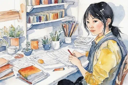 watercolor cafe,watercolor tea shop,watercolor tea,tea and books,girl studying,mari makinami,the girl studies press,watercolor painting,watercolor shops,watercolor,japanese woman,shirakami-sanchi,watercolors,woman at cafe,watercolor paint,watercolor background,coffee and books,watercolor sketch,watercolor paper,study,Illustration,Paper based,Paper Based 07