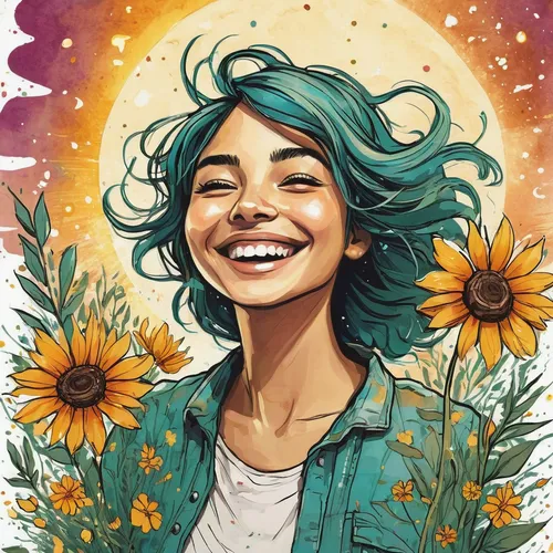 Illustrate a joyful birthday image with a smiling sun and flowers,sun daisies,daisies,yellow daisies,sunflower lace background,sunflower coloring,girl in flowers,digital illustration,colorful daisy,su