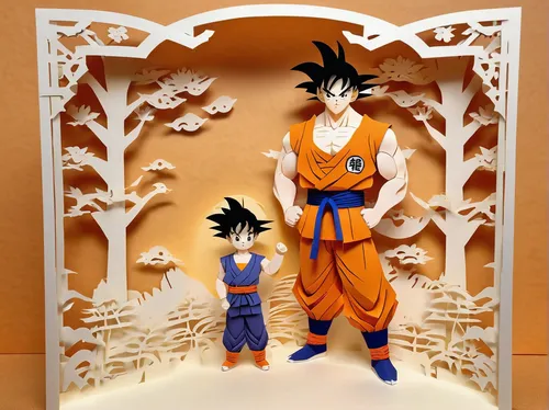 In a heartwarming moment, Son Gohan spends quality time with his father, Goku.,son goku,paper art,dragon ball,goku,takikomi gohan,dragonball,display panel,frame mockup,father-son,boy's room picture,dr