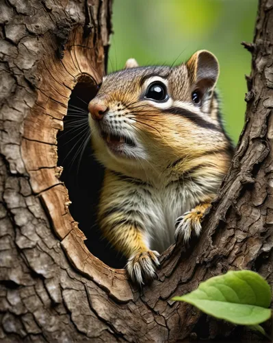 In a serene forest, a curious chipmunk playfully pokes its head out of a tree hollow.,tree chipmunk,hungry chipmunk,eastern chipmunk,chipmunk,tree squirrel,chinese tree chipmunks,backlit chipmunk,rela