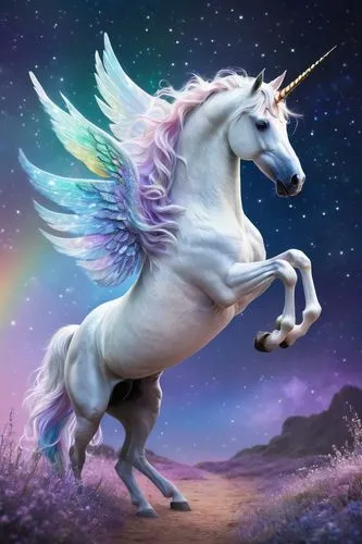 Mythic unicorn, fantasy art, solo, majestic, (adult), delicate wings, rainbow mane, sparkles, stars, galaxy-inspired horn, shimmering coat, iridescent hooves, flowing tail, misty atmosphere, dreamy li