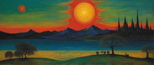 solar eruption,khokhloma painting,3-fold sun,indigenous painting,northen light,volcanic landscape,red sun,sun,solar wind,uluru,mountain sunrise,rising sun,night scene,lake of fire,orange sky,landscape,fire planet,the sun,summer solstice,matruschka,Illustration,Abstract Fantasy,Abstract Fantasy 16