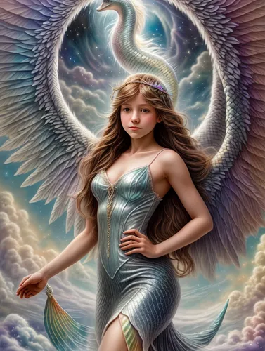 Girl with mermaid tail, Rainbow soft clouds rolling like waves, sky view cosmic space, light brown pretty girl enchantress lost cosmic fairy light ,mermaid background,the zodiac sign pisces,angel wing