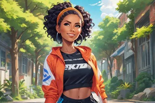 A black female cartoon rapper,tracer,world digital painting,portrait background,digital painting,vector illustration,symetra,maria bayo,female runner,cg artwork,vector girl,sports girl,rosa ' amber co