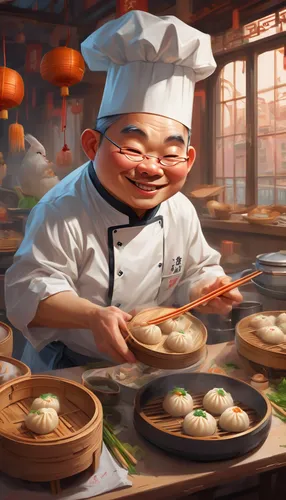 Create a whimsical story about a mischievous dimsum chef and his enchanted dumplings.,xiaolongbao,chicken bao,chinese cuisine,dumplings,dimsum,baozi,dim sum,shrimp dumplings,steamed dumplings,korean c