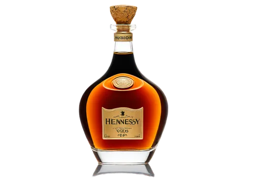 Luxury spirits, Hennessy VSOP, cognac bottle, golden label, intricate design, curved shape, transparent glass, cork stopper, reflective surface, subtle glow, warm lighting, shallow depth of field, 3/4