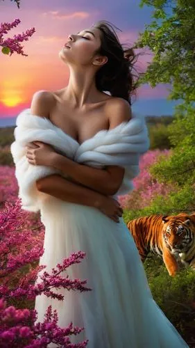 As the sun begins to set, a woman with radiant red and purple glow sets behind her. Clad in a fiery tiger with fiery red and purple glow, she embraces her enigmatic smile. Her passion fills the sky, a