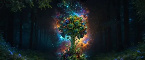 magic tree,tree torch,forest of dreams,apophysis,colorful tree of life,painted tree,burning tree trunk,forest tree,ayahuasca,fairy forest,beltane,interdimensional,fairy galaxy,nebula,nebula 3,strange tree,patronus,digital art,enchanted forest,photomanipulation