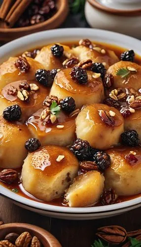 chinese dessert dish made of bananas with raisins and walnuts,mandarin cake,natas,xinyuan,pinggu,sugared pancake with raisins,sanjiangyuan,Photography,General,Realistic