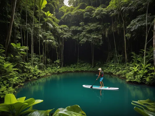 Lost in the beauty of nature, paddleboarders explore a hidden gem—a secret lagoon hidden deep within a lush tropical rainforest.,standup paddleboarding,philippines,stand up paddle surfing,cenote,ubud,