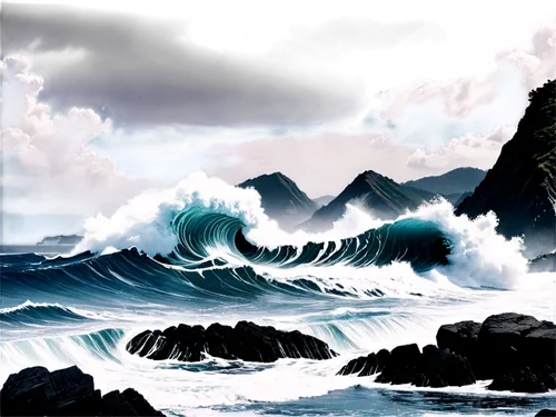 ocean waves,stormy sea,sea storm,japanese waves,ocean background,seascape,crashing waves,the great wave off kanagawa,tidal wave,rogue wave,water waves,japanese wave,big waves,sea landscape,big wave,cartoon video game background,charybdis,waves,rocky coast,yashima,Illustration,Japanese style,Japanese Style 04