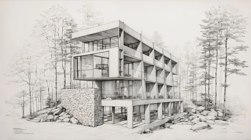 a drawing of a building with trees around it,hejduk,cubic house,treehouses,timber house,arkitekter,cantilevers,Unique,Design,Blueprint