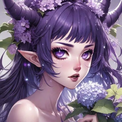 violet head elf,fae,lilac blossom,faerie,violet,demon,Digital Art,Anime