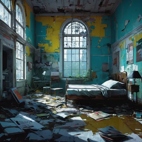 abandoned room,abandoned,abandoned place,abandoned places,study room,derelict,cold room,dormitory,blue room,luxury decay,rooms,lost place,empty room,classroom,empty interior,one room,room,abandoned house,sleeping room,dandelion hall,Conceptual Art,Oil color,Oil Color 07