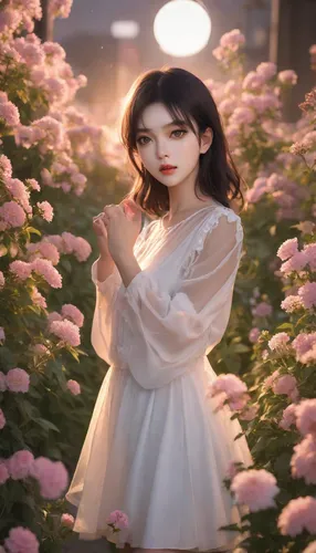 In the background of the sunset, (cinematic light), perfect face, (aegyo sal:0.5), (embarrassed), (contempt), beautiful eyes, (blunt bangs), two hand behind of head, blush, looking at viewer, full bod