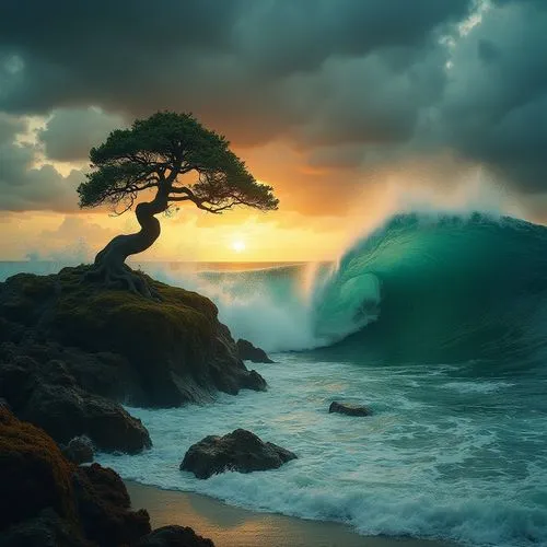 isolated tree,lone tree,the japanese tree,dragon tree,seascape,nature wallpaper,Illustration,Realistic Fantasy,Realistic Fantasy 29