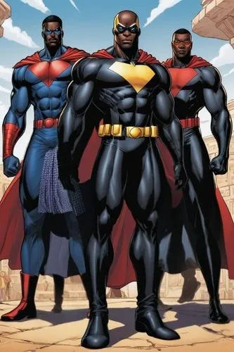 three people stand in front of some buildings and have a caped suit on,bizarros,wakanda,kryptonians,mongul,ultraverse,supermen