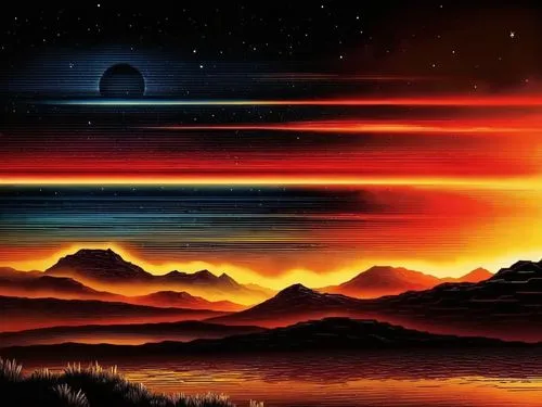 abstract background of mountains and water with red and orange colors,space art,futuristic landscape,horizon,dusk background,vast,dune landscape,Illustration,Realistic Fantasy,Realistic Fantasy 25